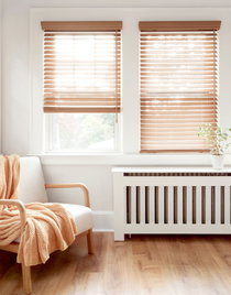 Laredo 2 wood blinds in a living room.
